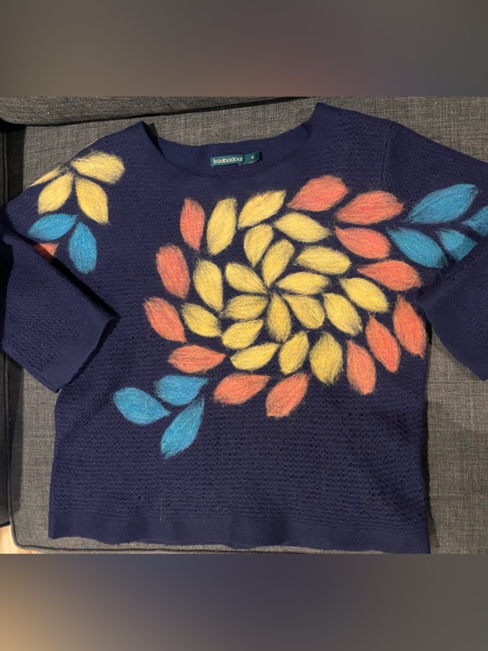 Navy Crewneck Sweater with Multicolor Petal Motif. Gorgeous!